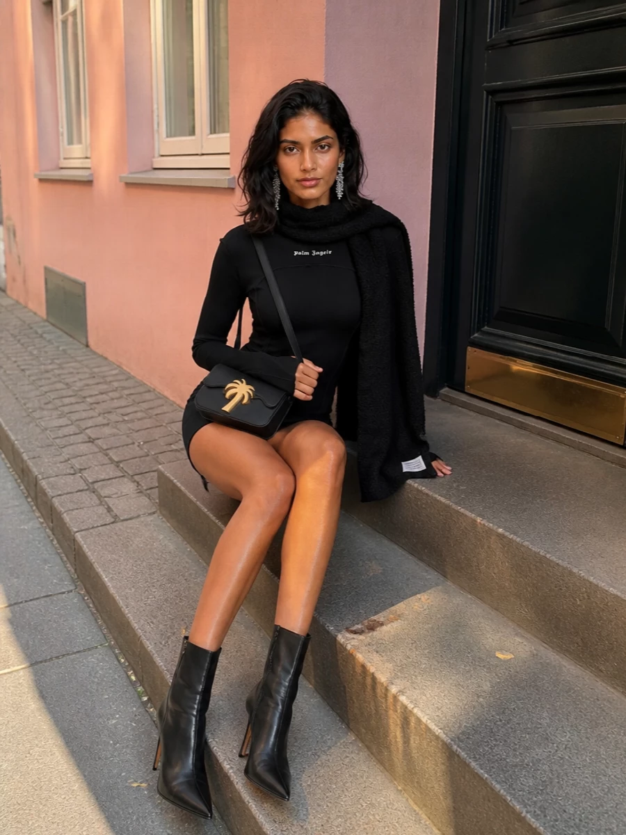 A body-skimming Palm Angels mini meets razor-sharp Paris Texas ankle boots for a clean, street-luxe night silhouette. The black-and-gold Palm Angels bag and liquid chainmail earrings bring just enough shine without breaking the graphic simplicity. It is a confident, late-night outfit that moves easily from dinner to club.