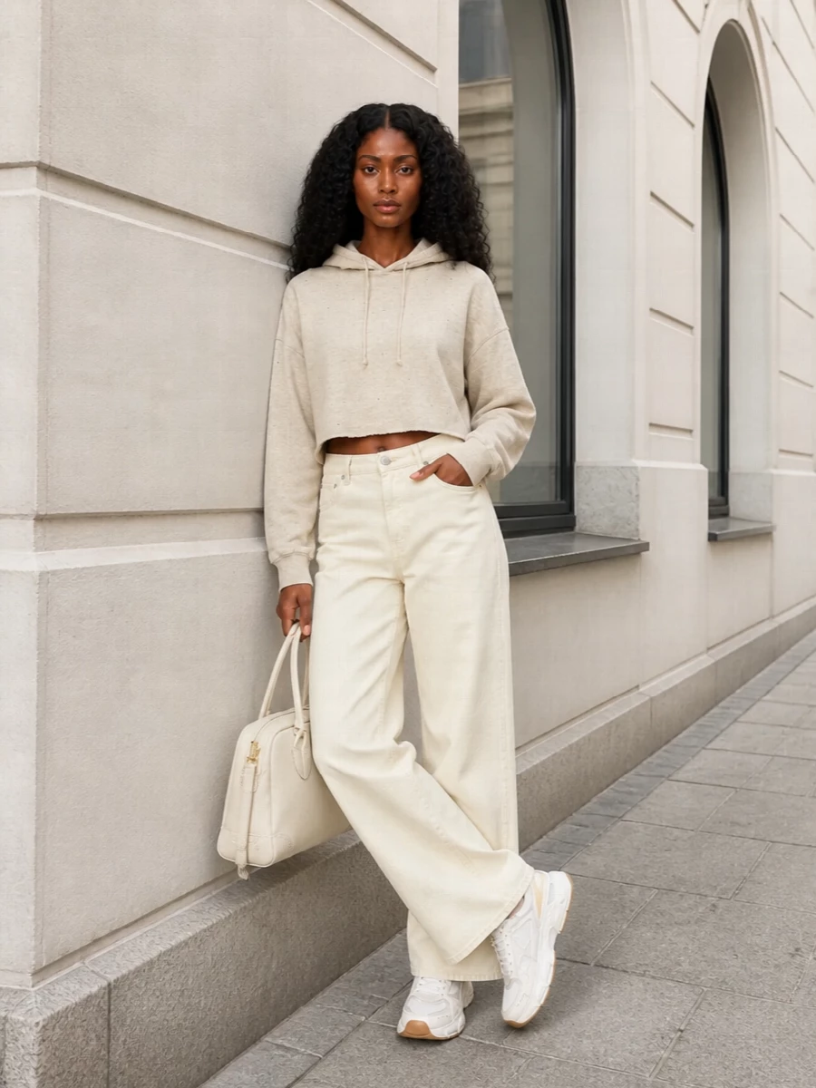 Soft neutrals on soft volume, this is that off-duty city uniform that feels considered without tipping into formality. The cropped hoodie and high-rise wide-leg denim play with proportion so the technical runners stay the quiet focal point, while the ivory tote keeps everything in the clean, modern, sport-meets-quiet-luxury lane. Choosing the top and trouser route over a dress keeps the mood relaxed and versatile, perfect for travel days, errands or low-key coffees where comfort still matters as much as style.