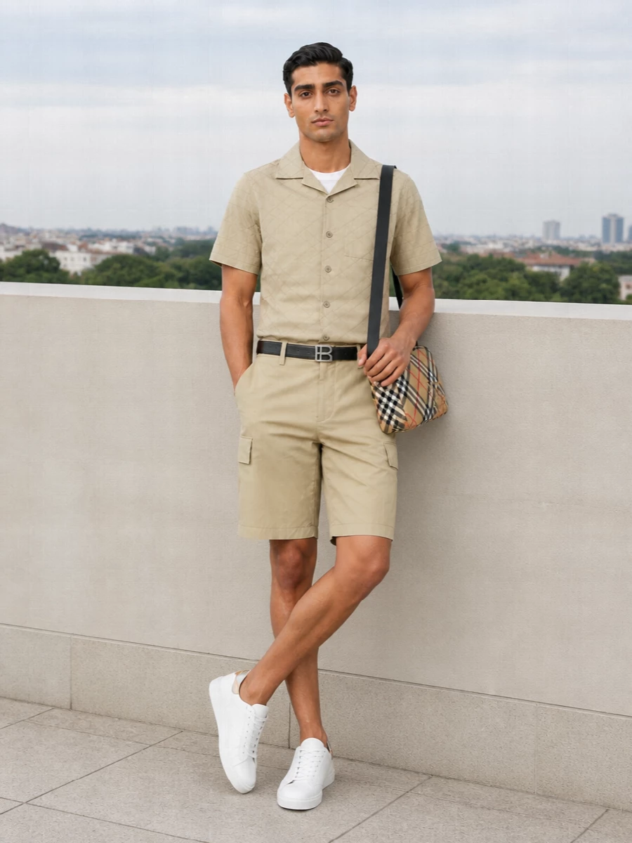 Burberry mens beige camp shirt and shorts outfit