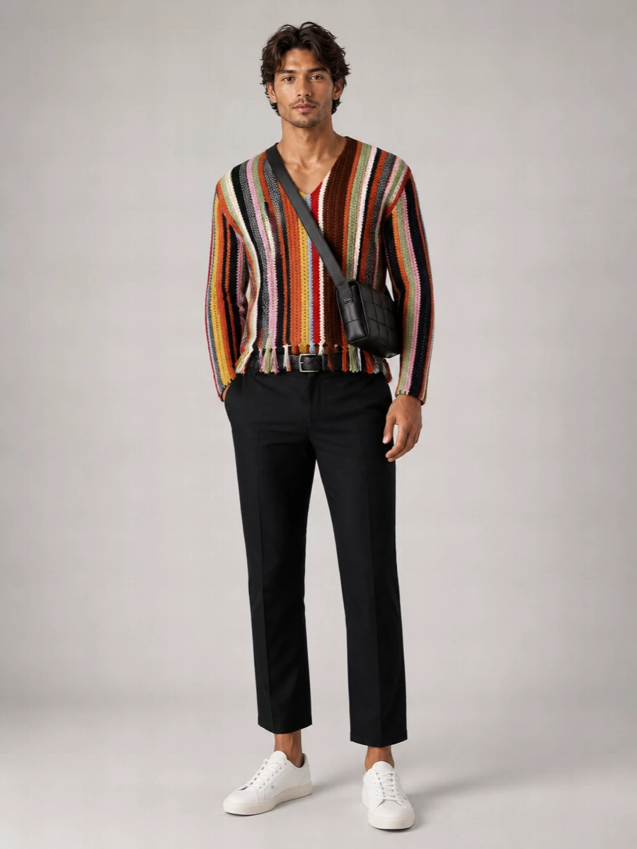 Prada Wool And Cashmere Striped Fringe Boat Neck Sweater