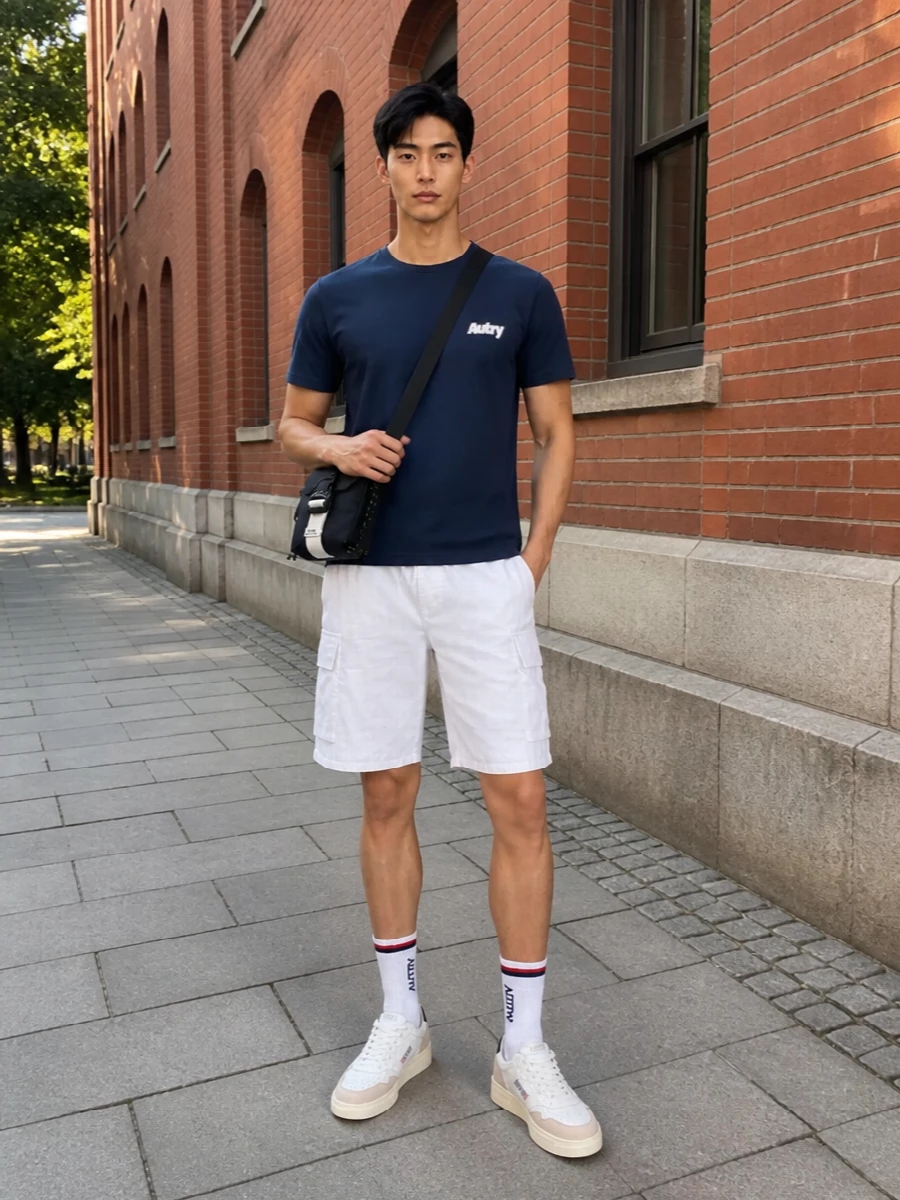 Autry navy tee white cargo shorts sneakers