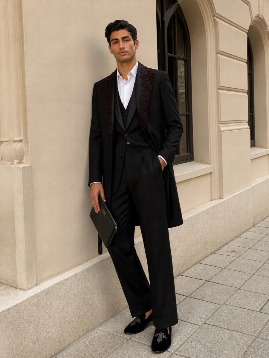 Dolce gabbana black tuxedo outfit long coat