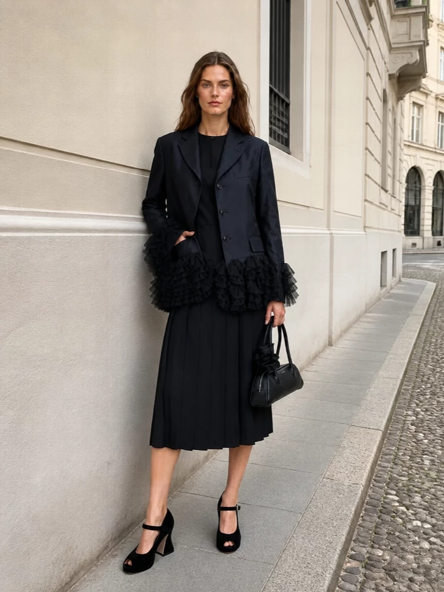 Comme des garcons blazer black midi dress outfit