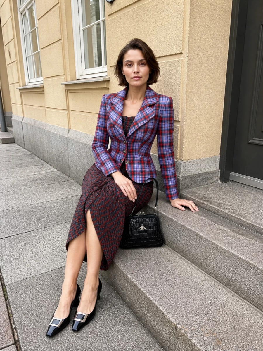Vivienne westwood tartan blazer midi dress outfit