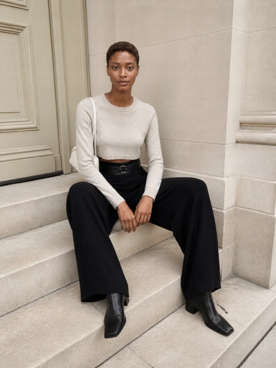 Alaia cropped sweater black wide leg trousers