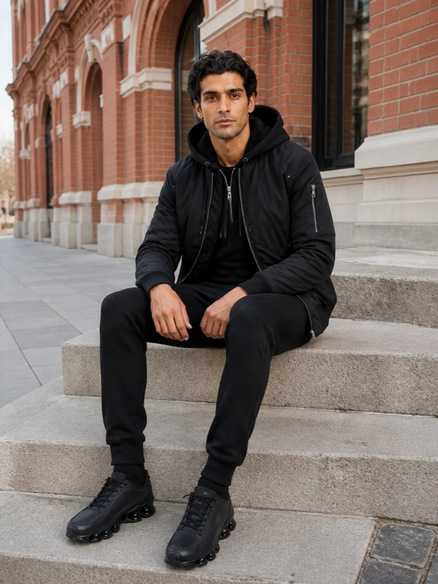Moose knuckles bomber black joggers nike sneakers