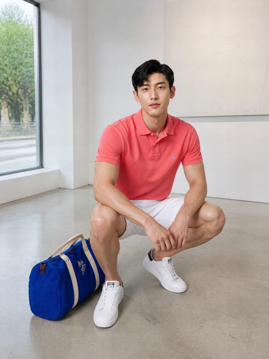 Coral and optic white set a fresh, coastal Polo mood, with the tailored chino short sharpening the polo’s relaxed energy. Clean white and navy sneakers keep it athletic but polished, while the royal-blue duffle leans into easy, collegiate weekend styling. Wear it for days that move between the marina, the city and casual dinners without needing to change anything but your backdrop.