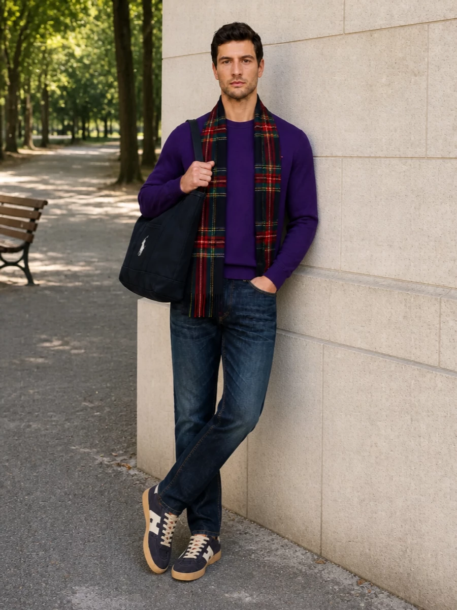 Tommy hilfiger purple sweater dark jeans hogan