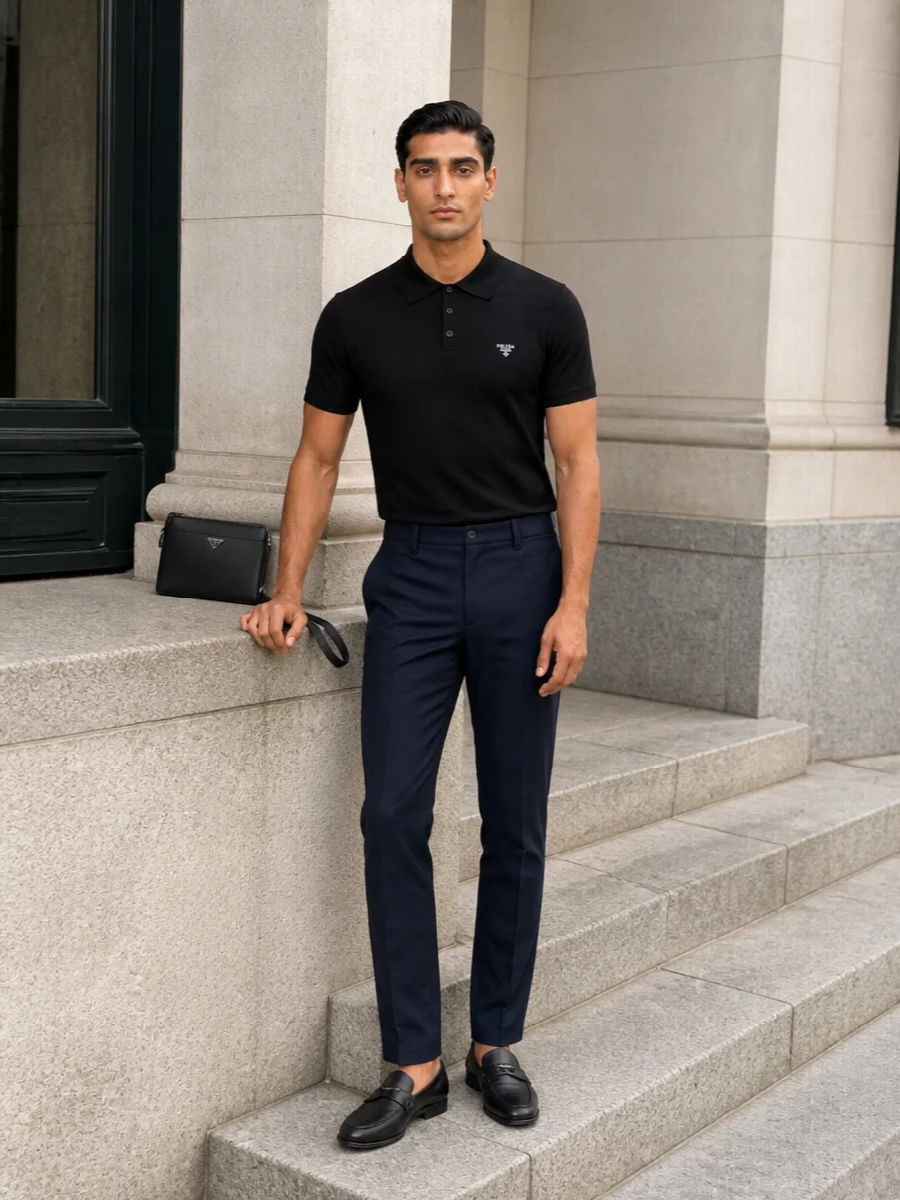 Prada black polo navy trousers loafers