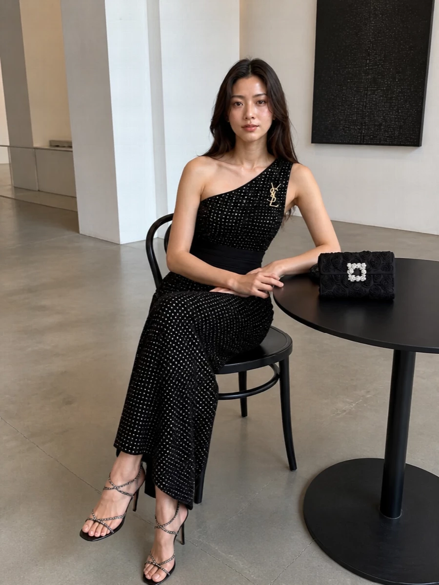 Gucci black crystal gown aquazzura heels