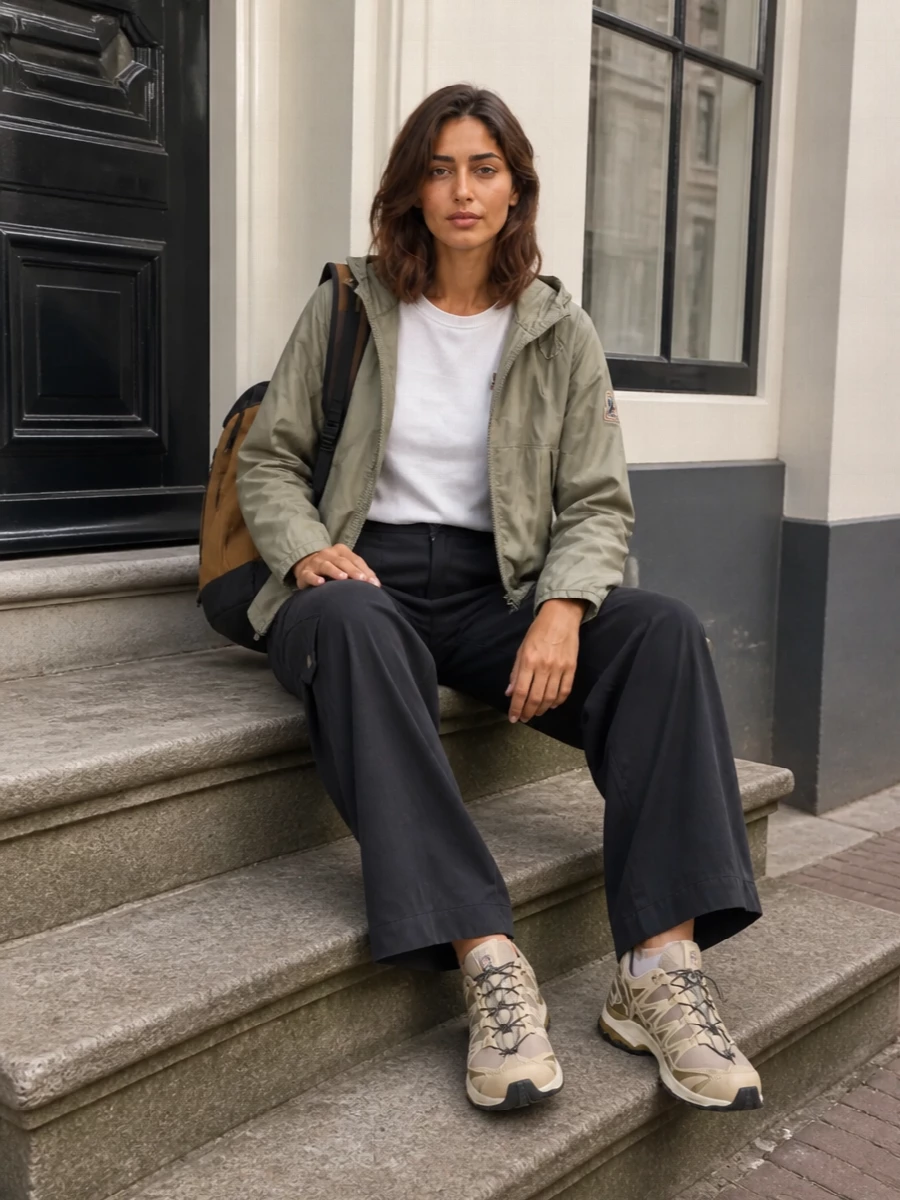 I’m keeping this firmly in the sport‑utility lane: a cropped technical Parajumpers parka over a crisp white logo tee, grounded with high-rise charcoal cargos. The wide-leg pant balances the jacket’s volume while trail runners and a structured tech backpack lock in that city-to-outdoors energy in a tight neutral palette. A clean, practical outfit that feels considered enough for all-day movement without ever reading try‑hard.