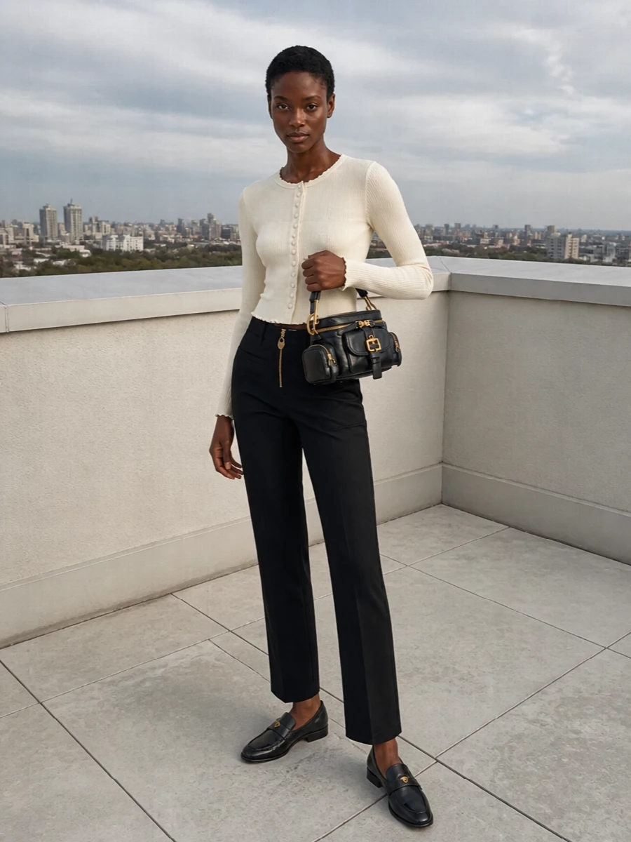 Chloe loafers black tailored trousers outfit