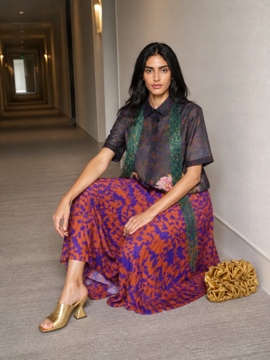 Dries van noten orange violet midi skirt outfit