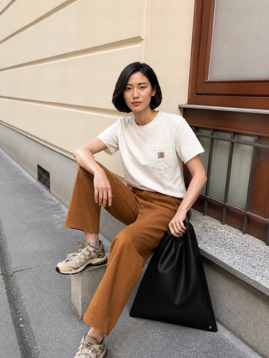 Carhartt tee workwear pants salomon sneakers
