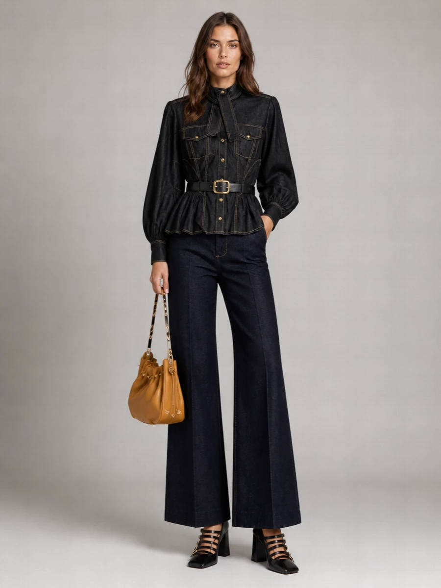 Zimmermann Denim Fitted Pussy-Bow Peplum Shirt