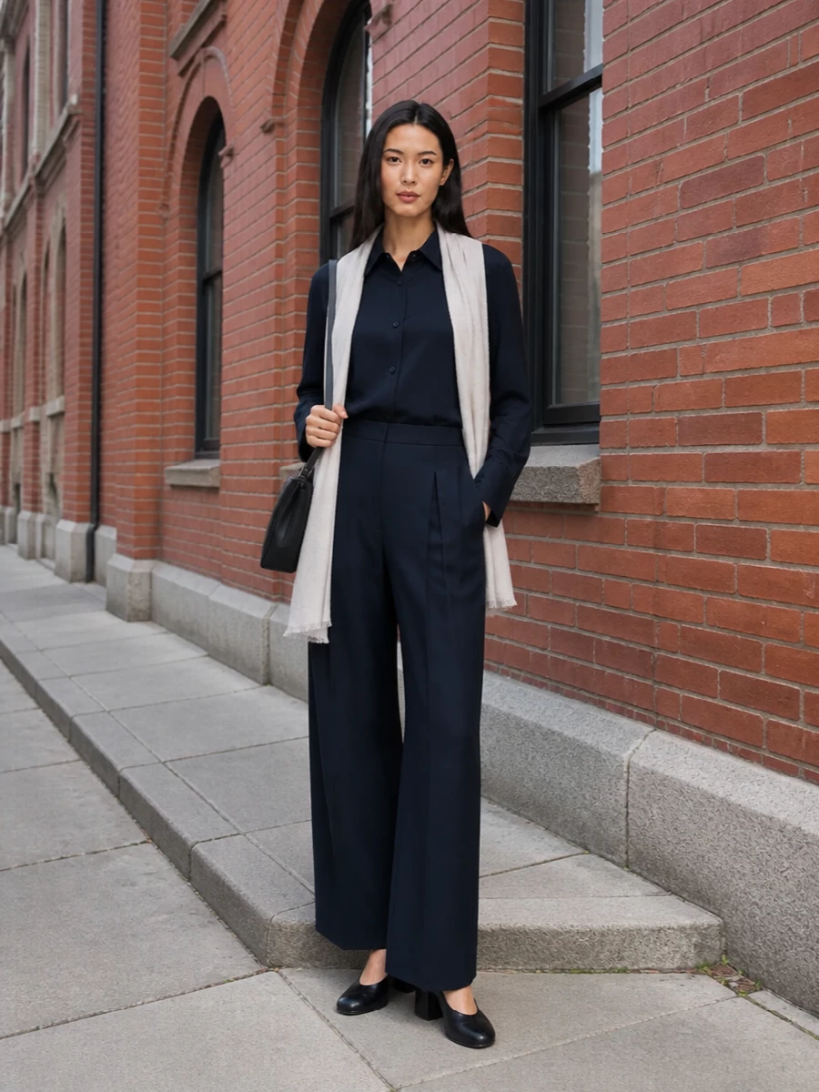 Max mara navy shirt wide leg trouser outfit