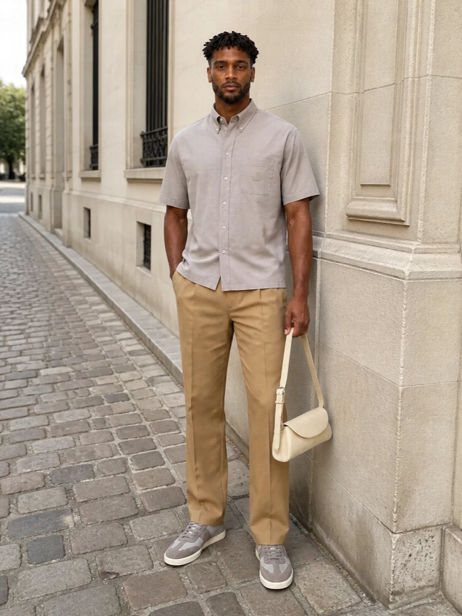 A taupe short-sleeve shirt meets camel tailoring for a softly structured, preppy summer uniform. The straight-leg trouser sharpens the boxy top, while muted suede sneakers and a pale sculptural bag keep everything calm and precise. It is an easy city daytime combination that feels considered without trying too hard.