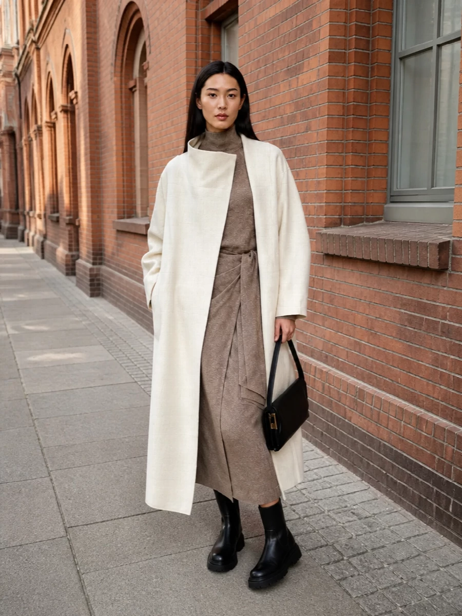 Max mara knit dress ivory wrap coat outfit