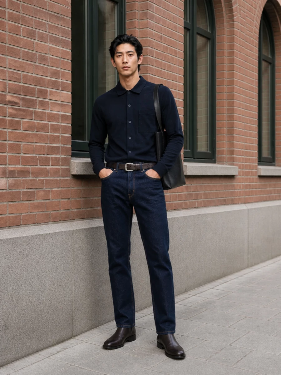 Vince navy shirt dark jeans brown boots
