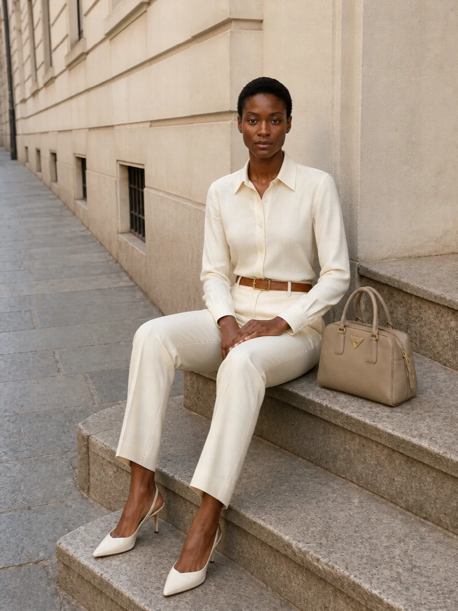 Brioni cream shirt tailored trousers prada bag