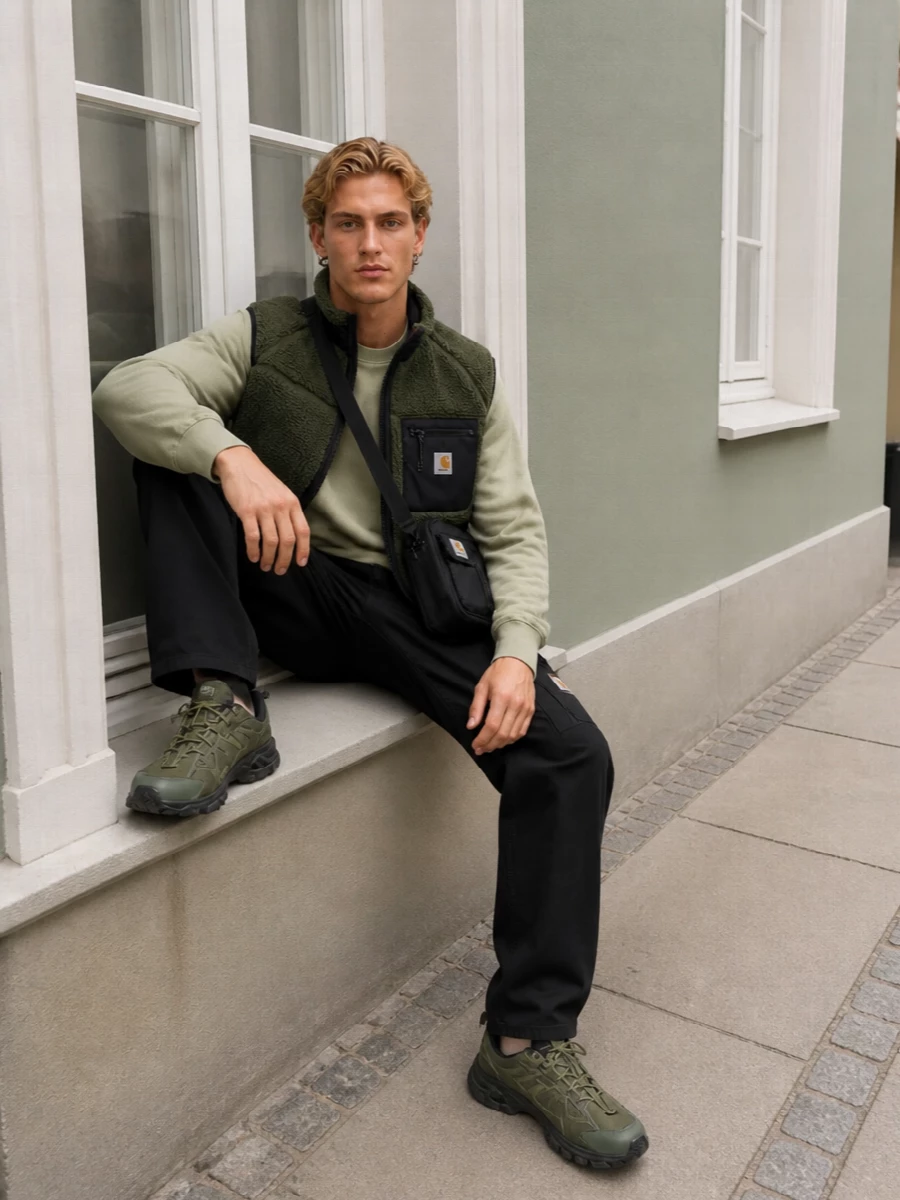 Olive-on-olive up top with washed sage and plush fleece stays soft but intentional, then drops into black cargos for a clean, utilitarian line. Technical olive runners pick up the outdoor cue without shouting, and a compact black crossbody keeps the Carhartt story tight and functional. The result is a winter-ready street outfit that feels graphic, practical and easy to live in all week.