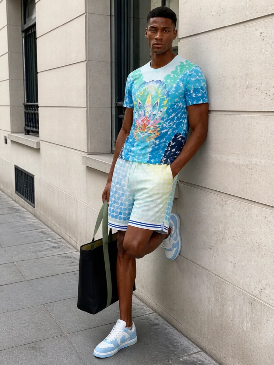 Casablanca tie dye tee geometric shorts outfit