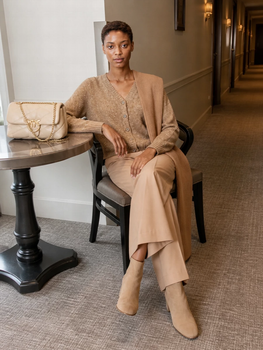 A tonal caramel story keeps this cardigan grounded and grown up, pairing it with fluid wide-leg tailoring that mirrors its relaxed ease. Camel suede boots and a buttercream quilted bag keep everything soft and pared back, so the texture does the talking rather than the color. It is an easy uniform for low-key office days or polished weekends when you want to feel put together but still wrapped in knitwear.