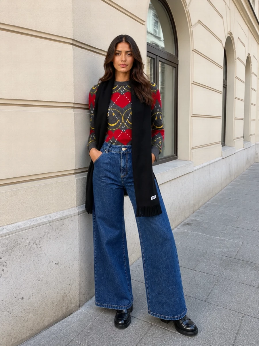 Playful Moschino graphics sit against a dark, elongated base, with high‑rise wide‑leg indigo denim balancing the regular‑fit knit and giving it a relaxed, confident line. Chunky block‑heel loafers sharpen the preppy mood just enough for city days, while the bright red top‑handle bag pulls out the sweater’s crimson and keeps the whole outfit feeling intentional and polished. A simple black scarf adds depth and warmth without disturbing the bold argyle and smiley motif story.