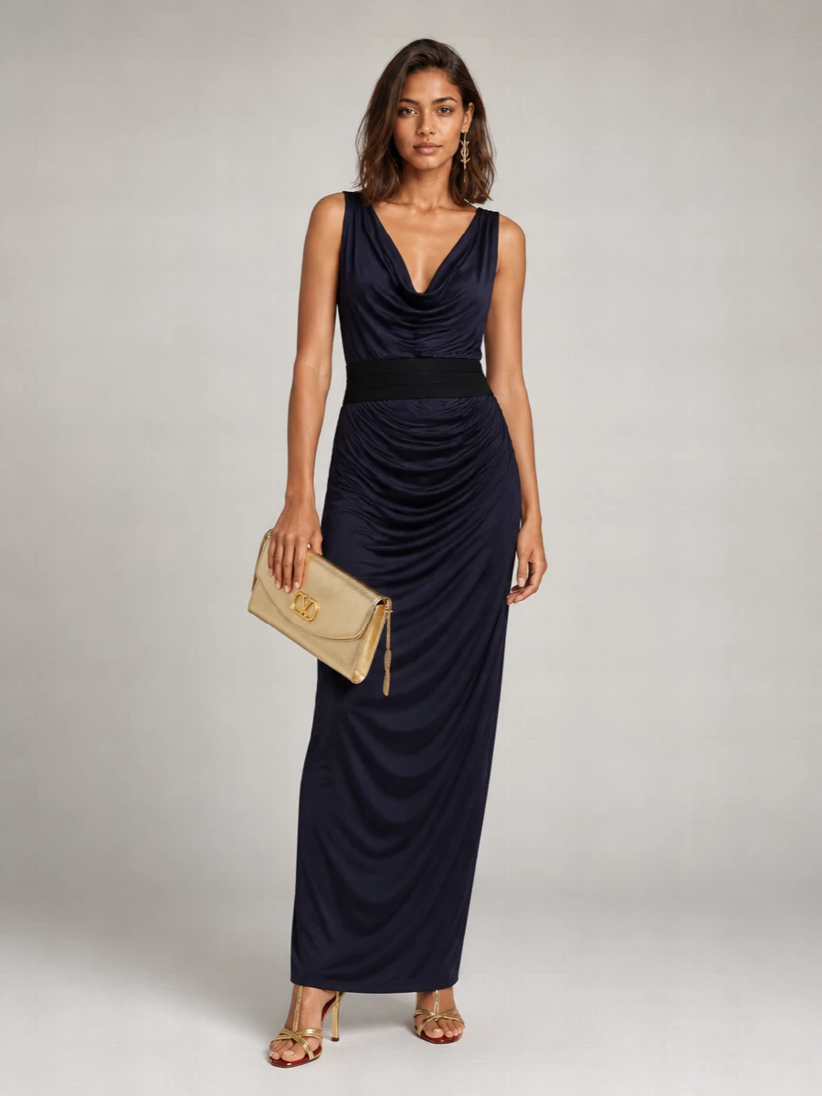 Versace Viscose Draped Scoop Neck Maxi Dress