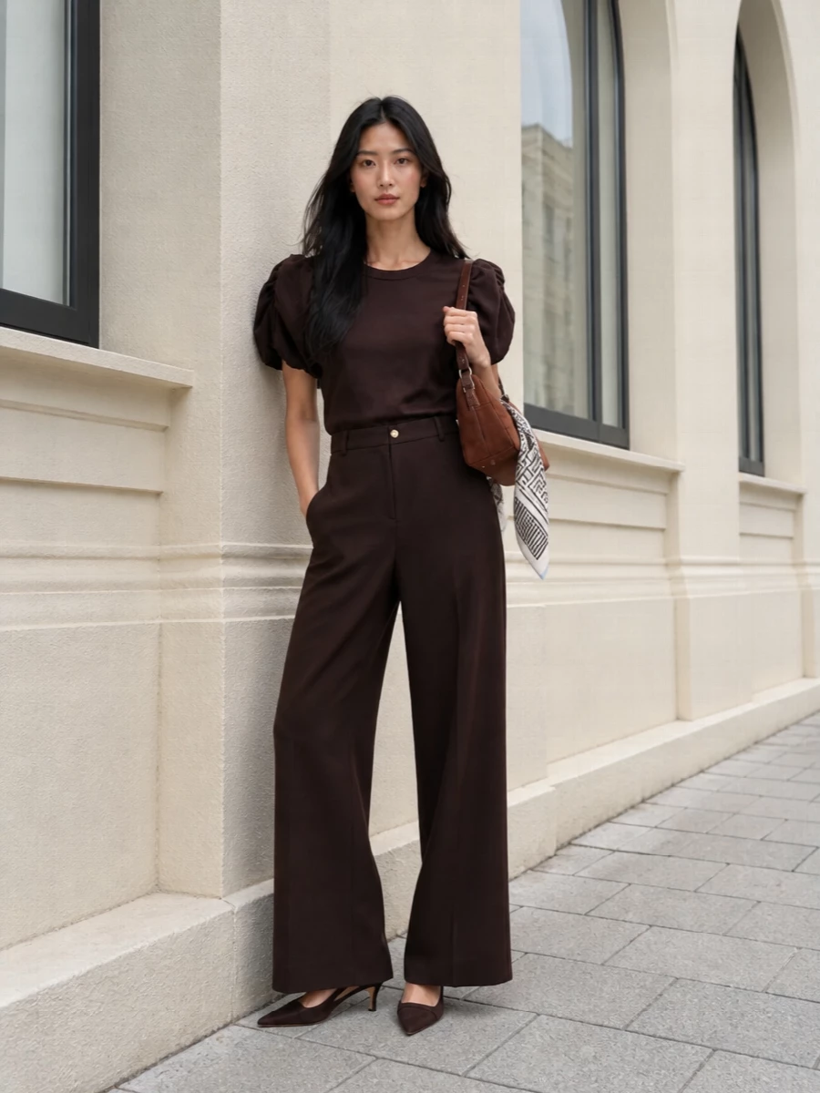 Rotate puff sleeve top wide leg trousers outfit