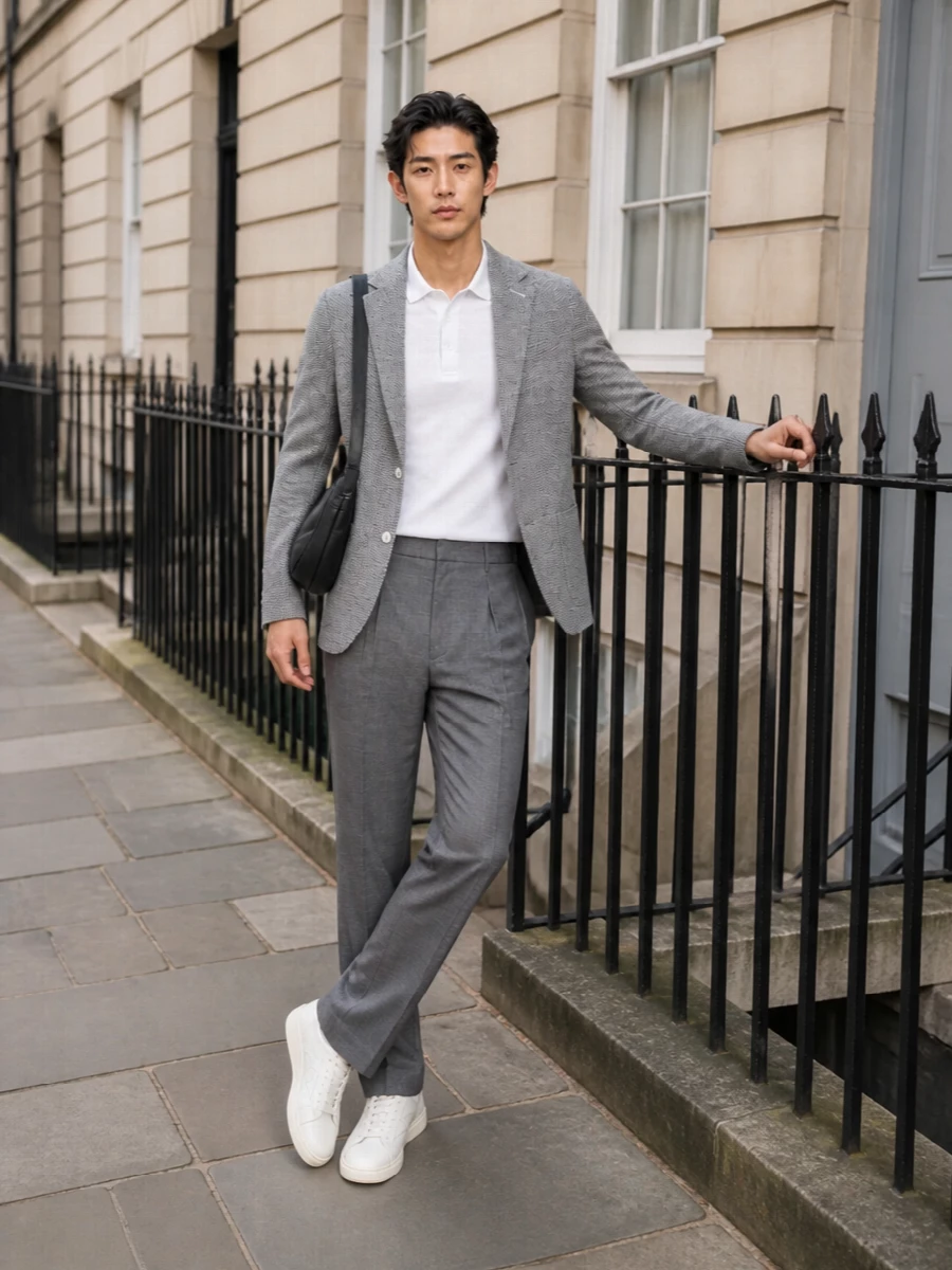 Circolo blazer grey trousers white sneakers