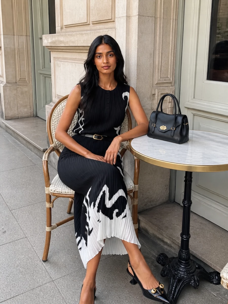 Lanvin black white pleated skirt outfit