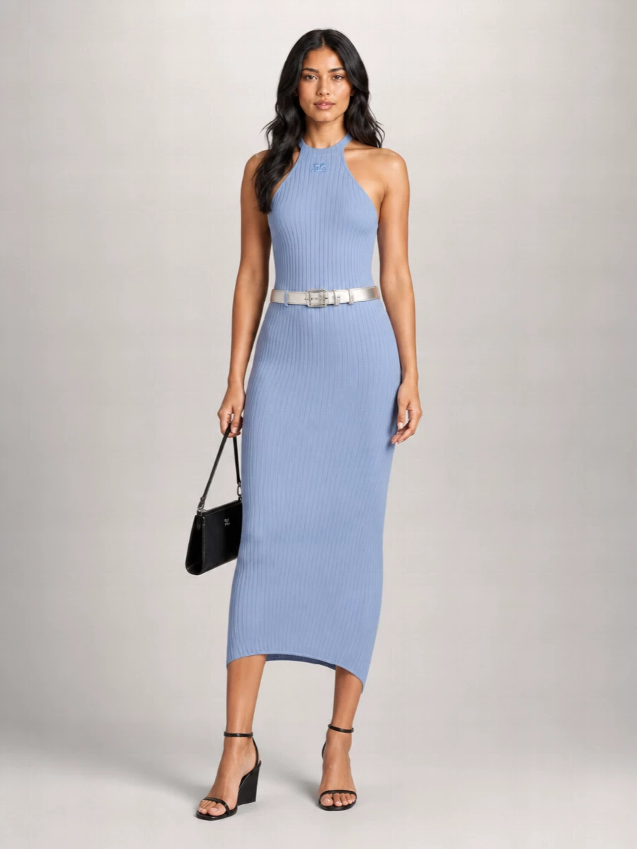 Courrèges Ribbed American-Neckline Midi Dress