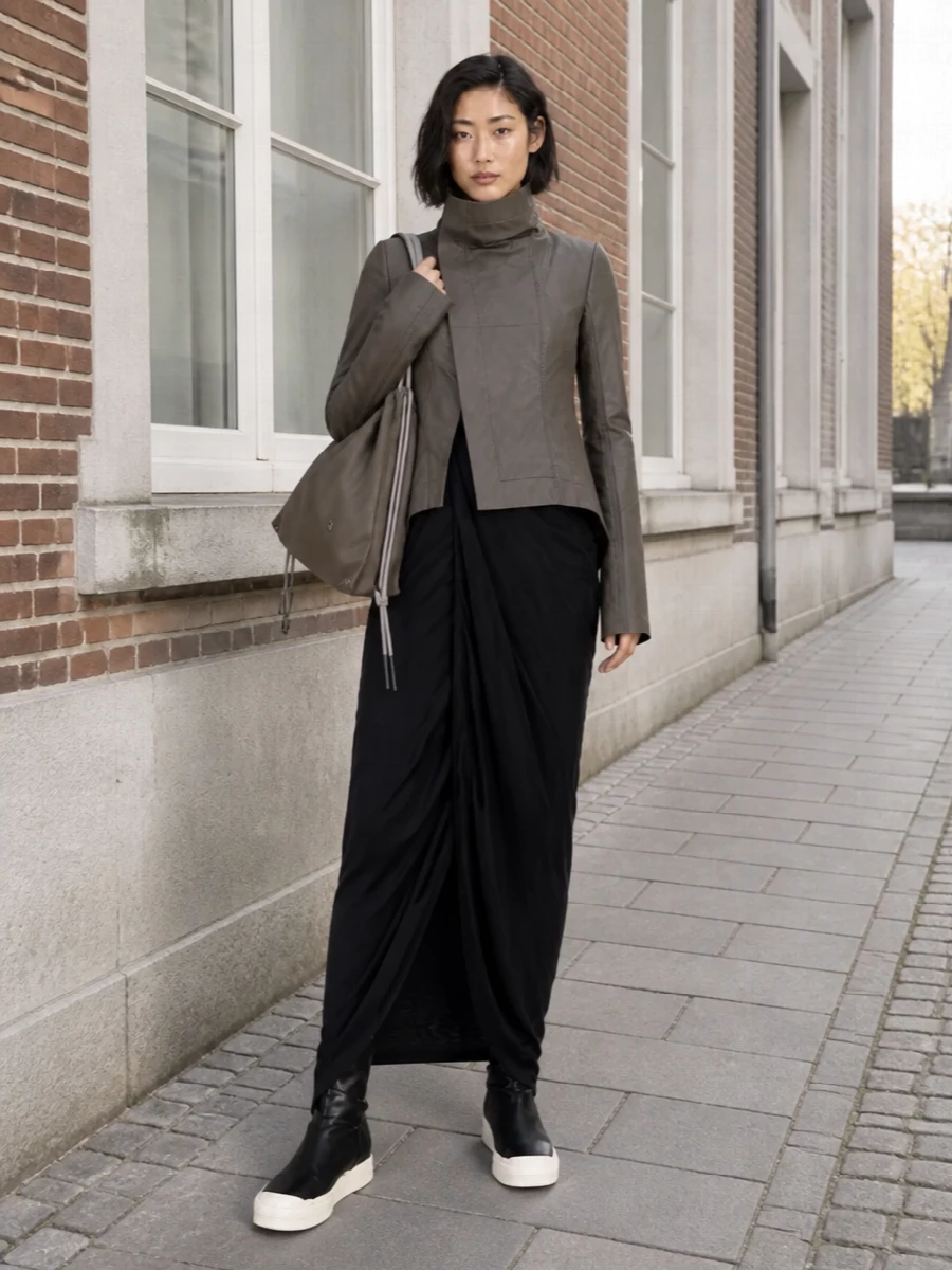 I’m building around the outerwear plus a single dress rather than top and skirt, so the line stays uncompromisingly vertical and the jacket can read as armor over a dark column. The black wrap gown, sock boots and flat leather sack work tonally with the mud grey jacket while keeping everything in the same Rick universe, giving you a severe, urban evening ensemble that feels deliberate rather than styled. It is sharp, graphic and quiet, with the drama coming from proportion and length rather than extra detail.