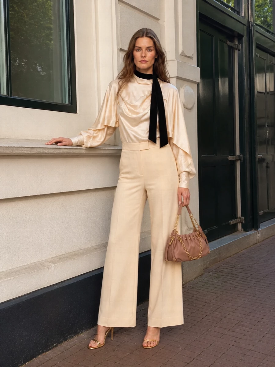 Zimmermann satin blouse wide leg trousers outfit