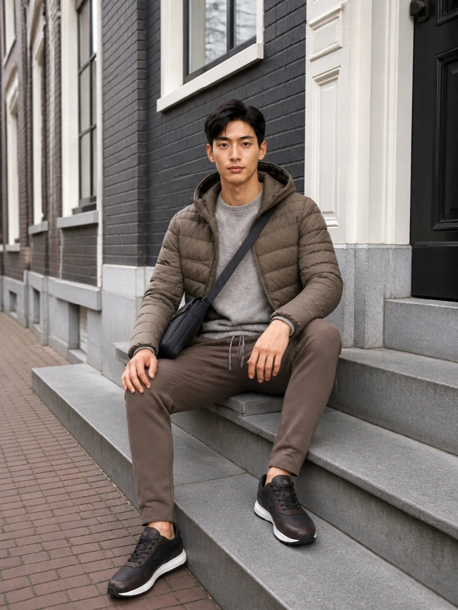 Emporio Armani neutrals stay front and center here, with taupe on taupe anchored by soft grey and charcoal for a calm, city-ready take on casual dressing. The padded jacket and tapered track pant share a clean, sporty line, while the brushed knit and tonal runner keep it feeling considered rather than gym-bound. A slim charcoal crossbody finishes the outfit with just enough structure to take it smoothly from commute to weekend errands.