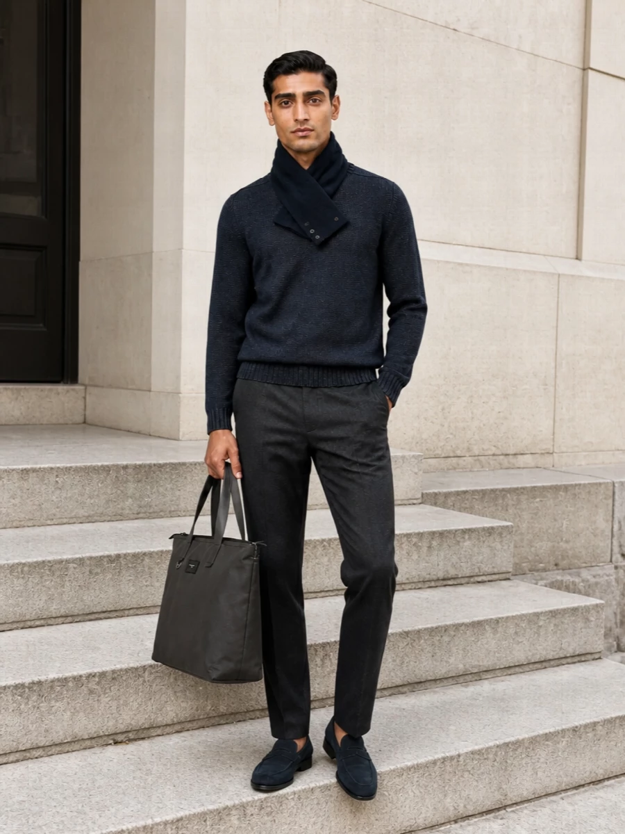 Dondup navy sweater charcoal trousers outfit