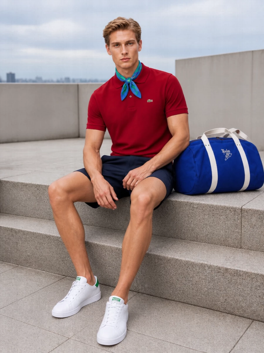 Lacoste red polo navy shorts adidas sneakers