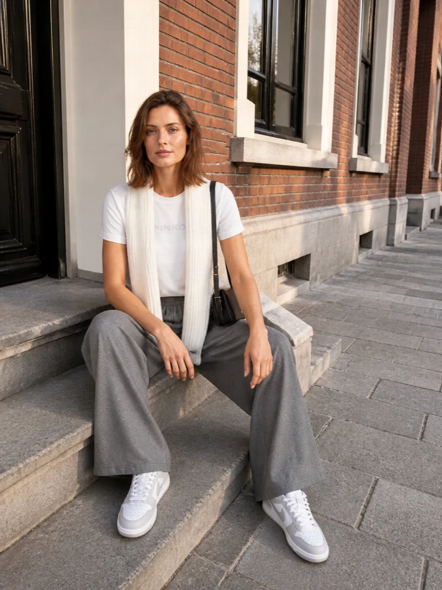 A crisp white logo tee sets a clean base against fluid heather grey wide-leg trousers for a relaxed, street-leaning take on monochrome. Pale grey and white sneakers keep the line light and sporty, while a slim black shoulder bag sharpens the finish without breaking the minimalist attitude. The winter white scarf quietly links the tones, adding texture and warmth for cooler days.