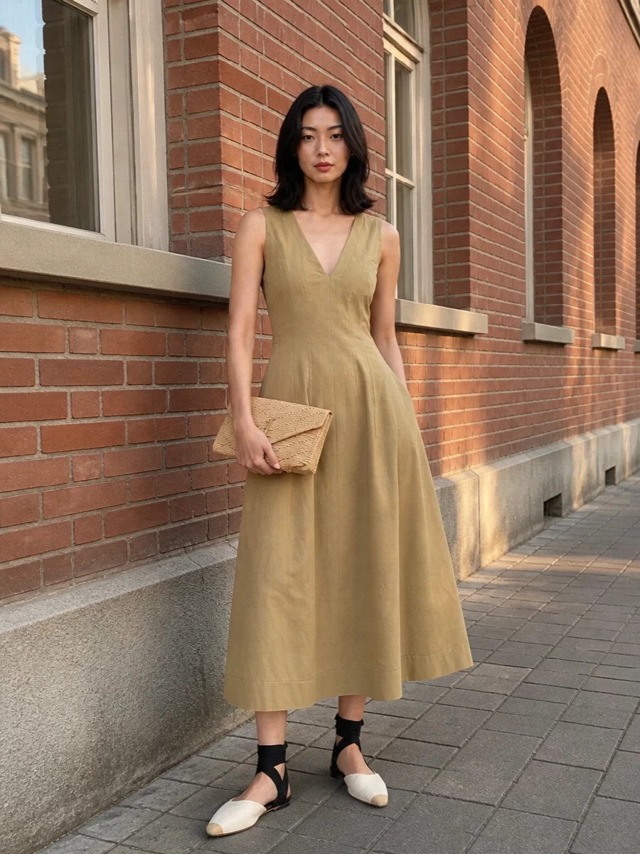 The sand Bottega Veneta midi and Jacquemus espadrille flats create a long, quiet column of neutrals that feels refined yet easy for warm days. The open back and ankle ties introduce a subtle sensuality, while the raffia Saint Laurent clutch picks up the natural fibers in a way that feels considered rather than matchy. It is an understated summer city ensemble that reads polished without tipping into formality.