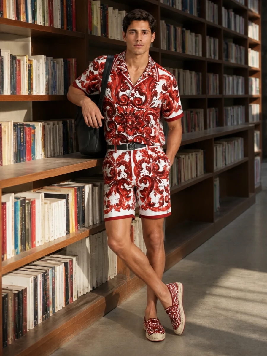 Dolce gabbana red baroque shirt shorts outfit