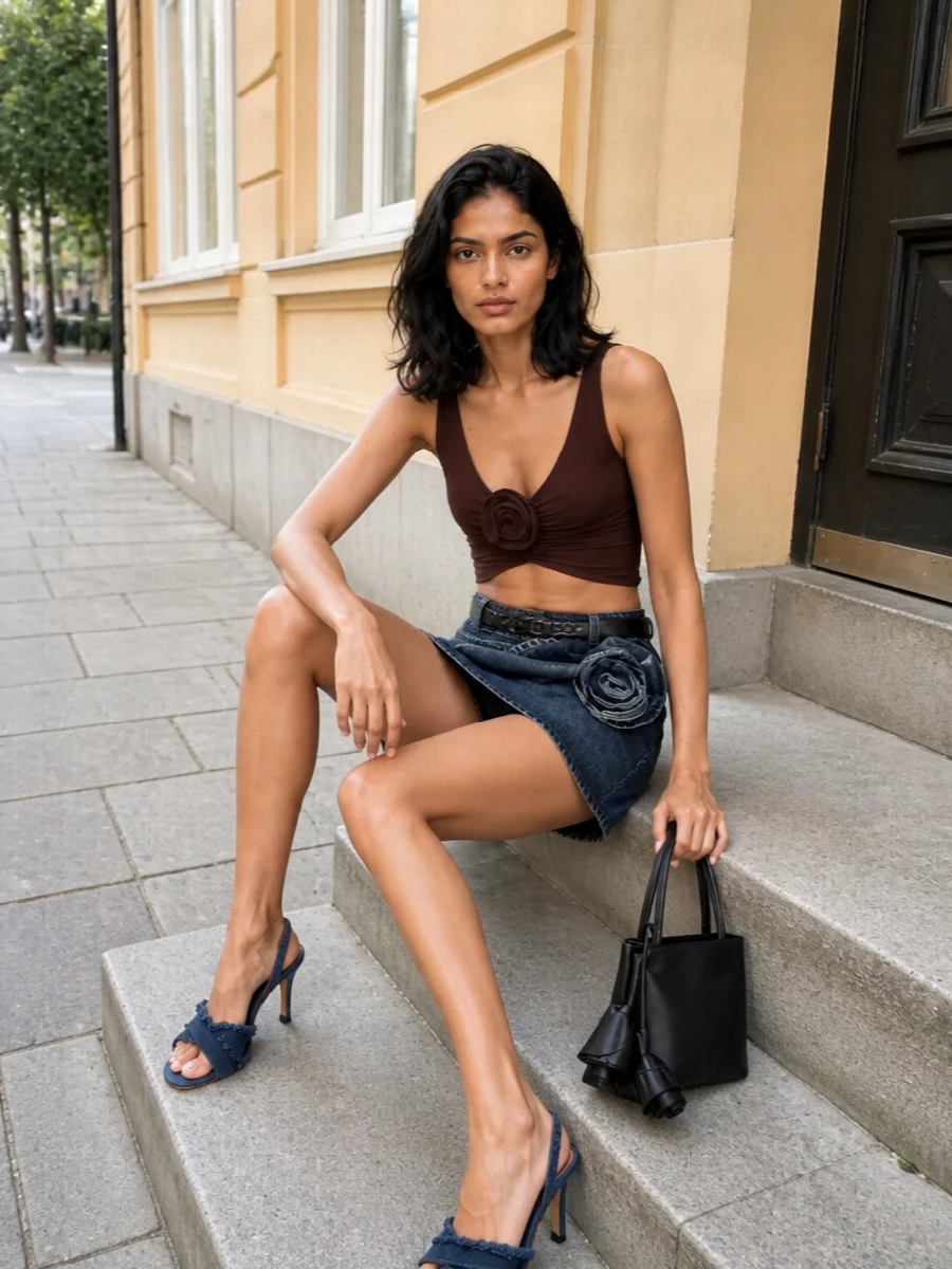 Magda butrym denim mini skirt corsage outfit