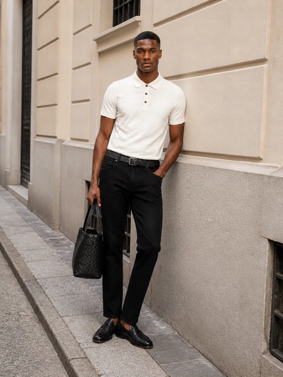 Bottega veneta black trousers ivory polo outfit