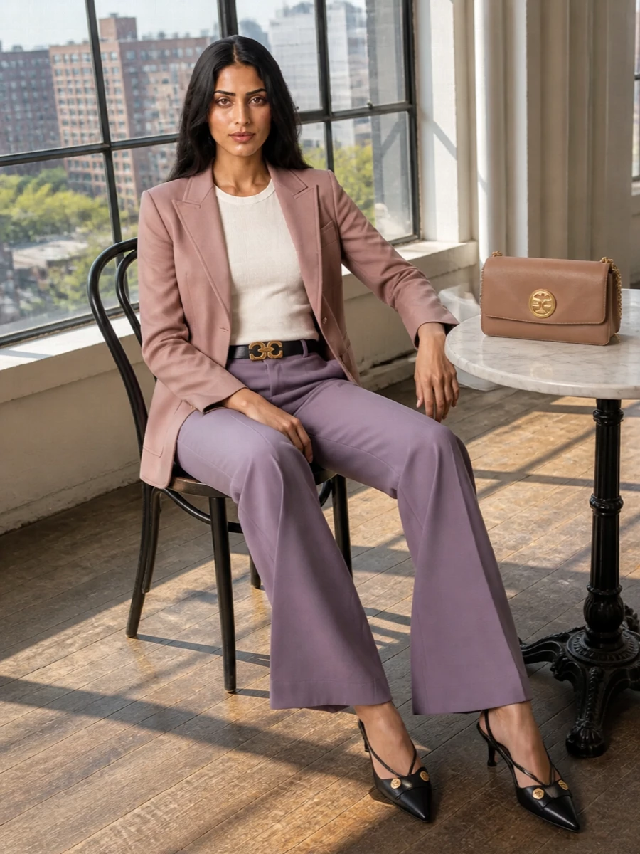 Chloe dusty lavender flared trousers blazer outfit