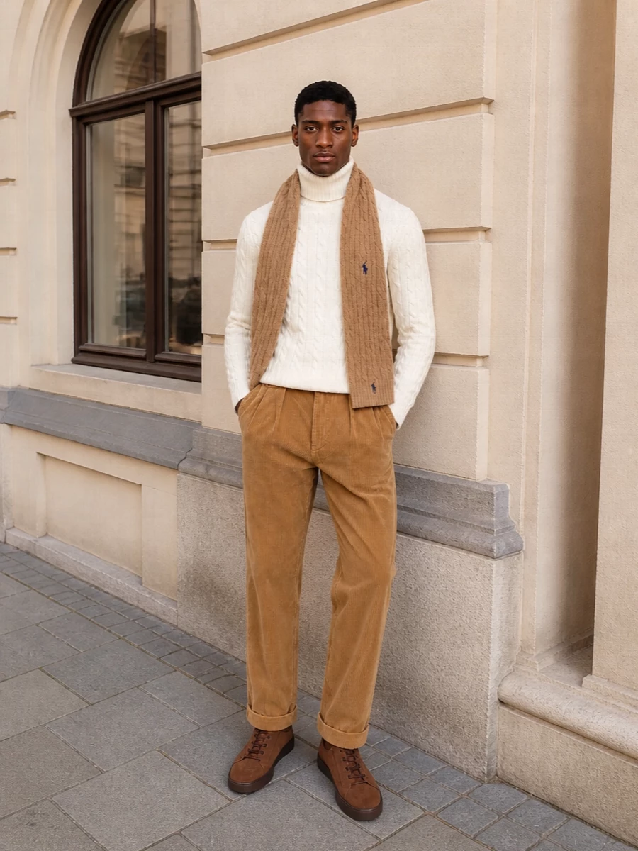 Polo cable sweater camel corduroy outfit