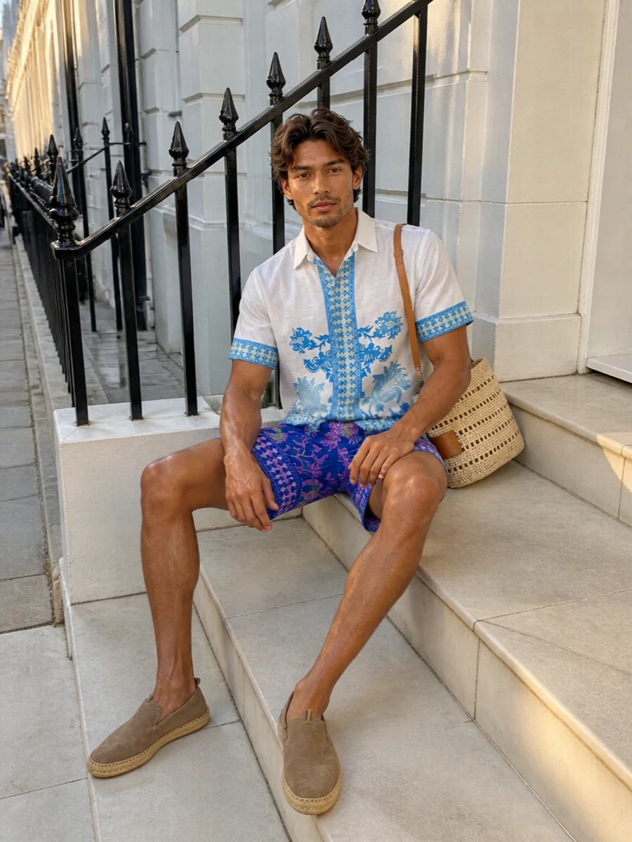 Etro floral shirt swim shorts summer outfit