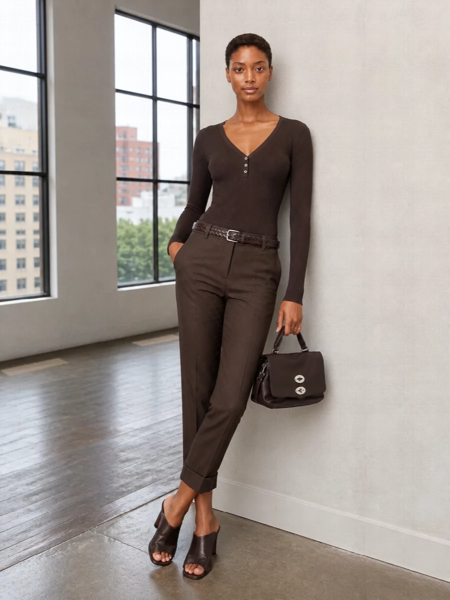 Parosh chocolate knit cropped trouser outfit