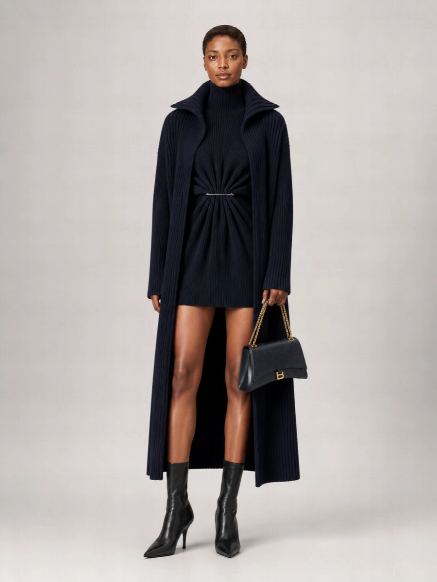 Balenciaga Ribbed Maxi Shawl-Collar Cardigan