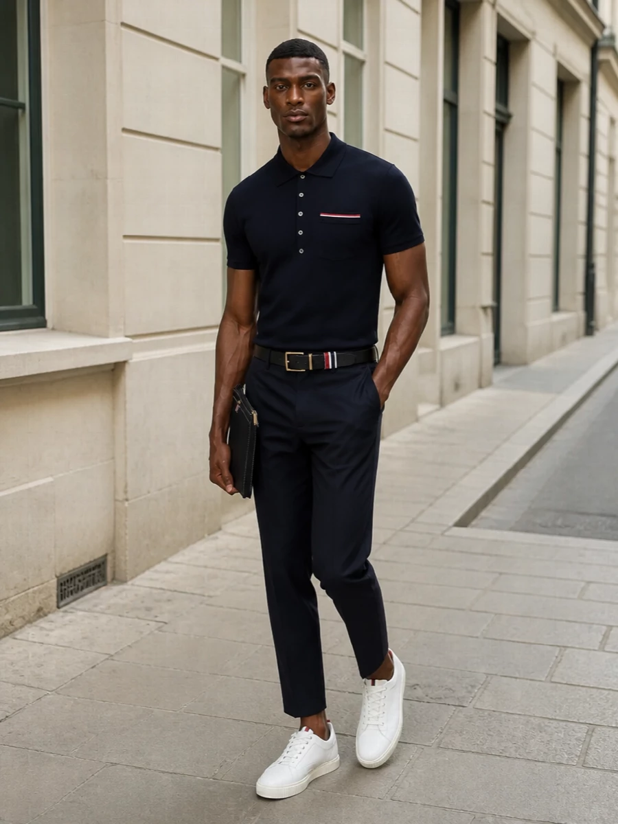 Thom browne navy polo cropped trousers outfit