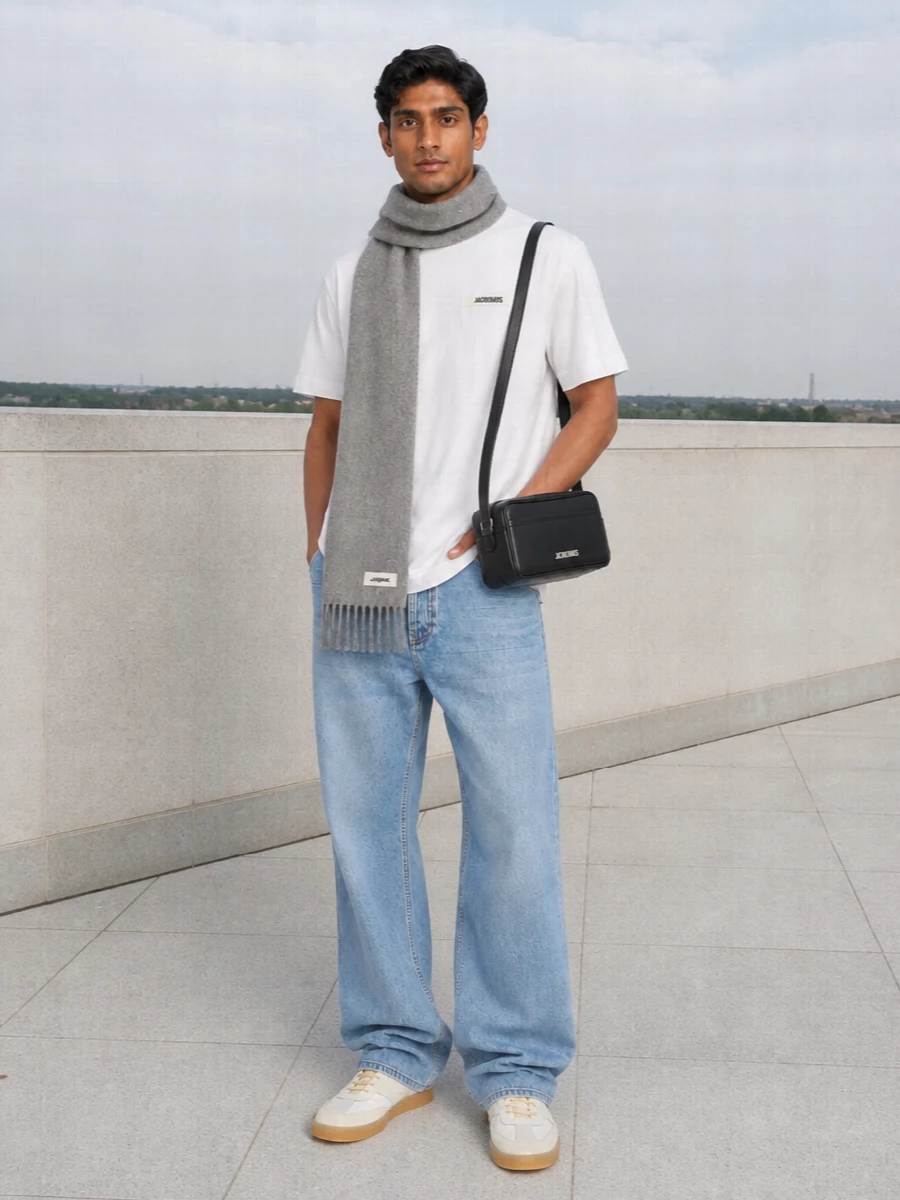 A clean white Jacquemus tee meets loose, sun‑washed denim for a relaxed, French street feel with a quiet‑luxury edge. Off‑white Margiela sneakers keep everything light and pared back, while a structured black Jacquemus crossbody and soft grey scarf add just enough graphic contrast without disturbing the ease.